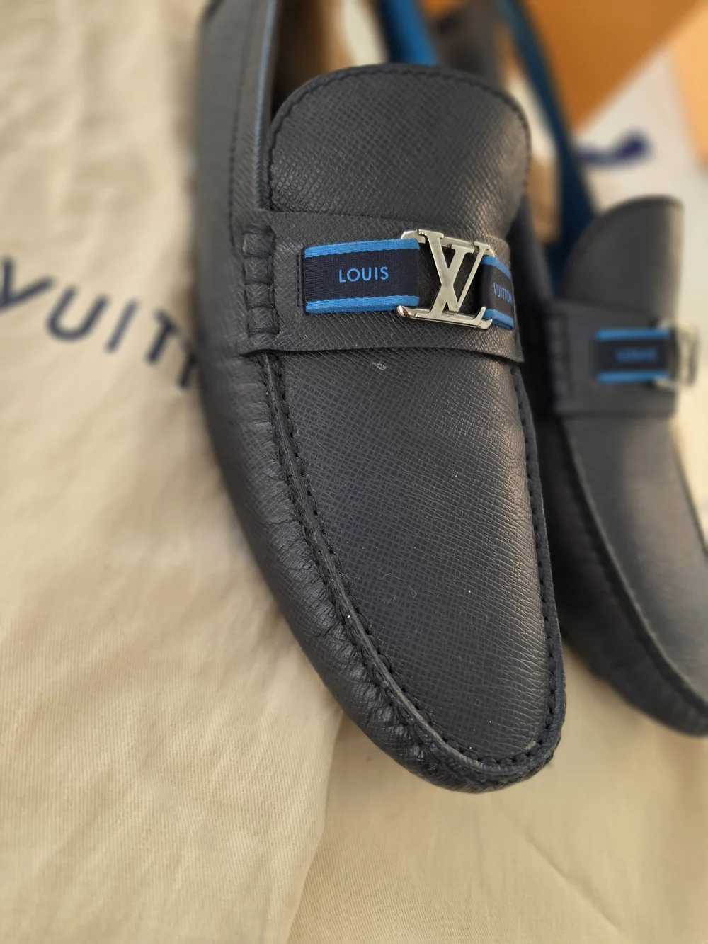 Louis Vuitton Black Leather Loafers with Blue Logo Strap - Picture 3 of 5